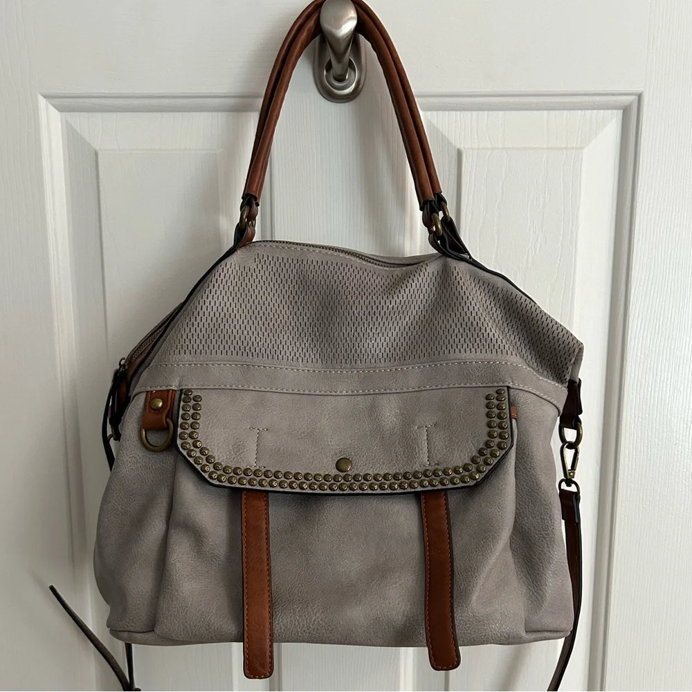 Antik Kraft Gray & Brown Vegan Leather Satchel Shoulder Bag Crossbody Strap - Picture 12 of 12